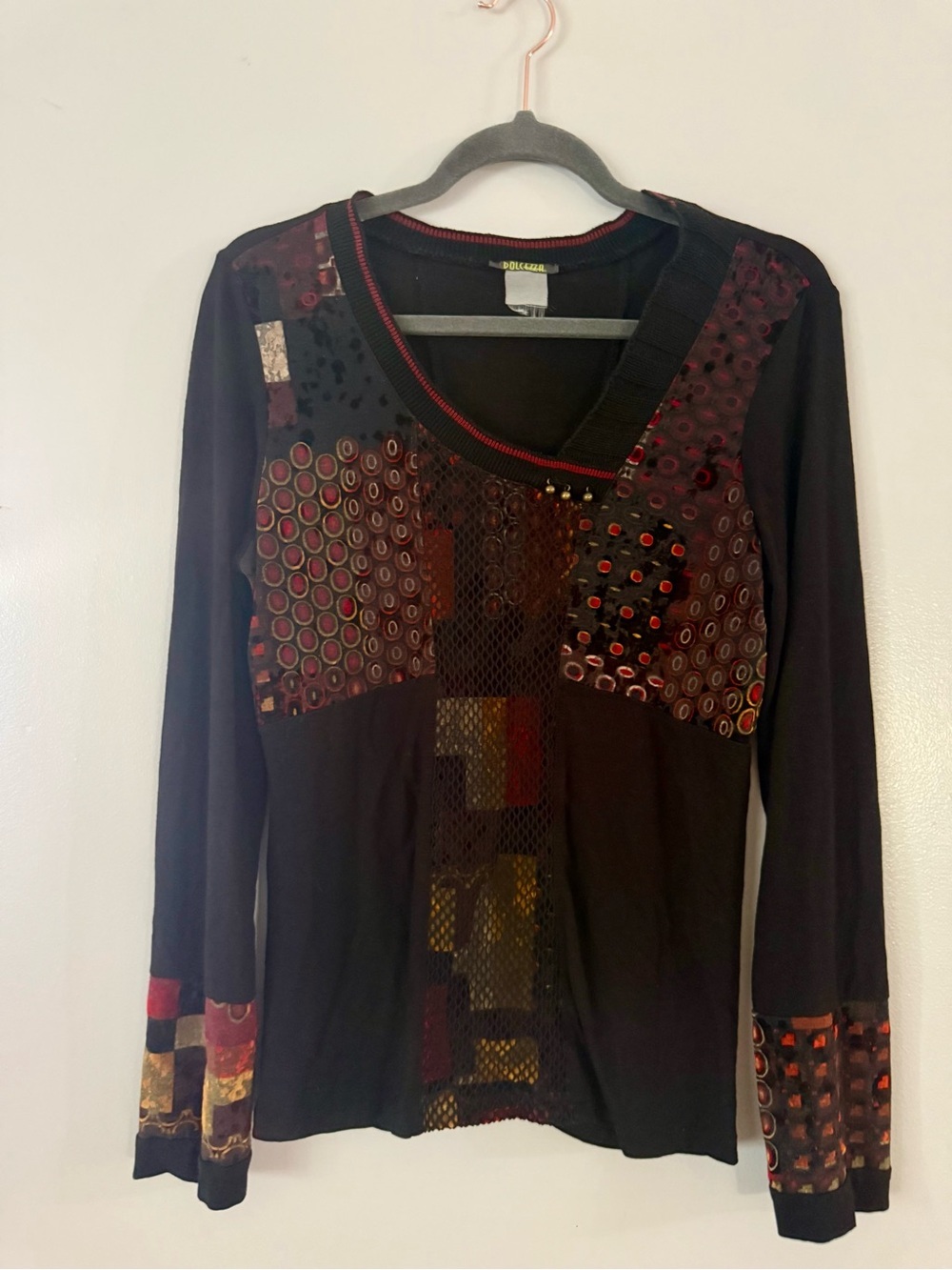 Dolcezza Artsy Patchwork Mesh Long Sleeve Knit Top - Size S